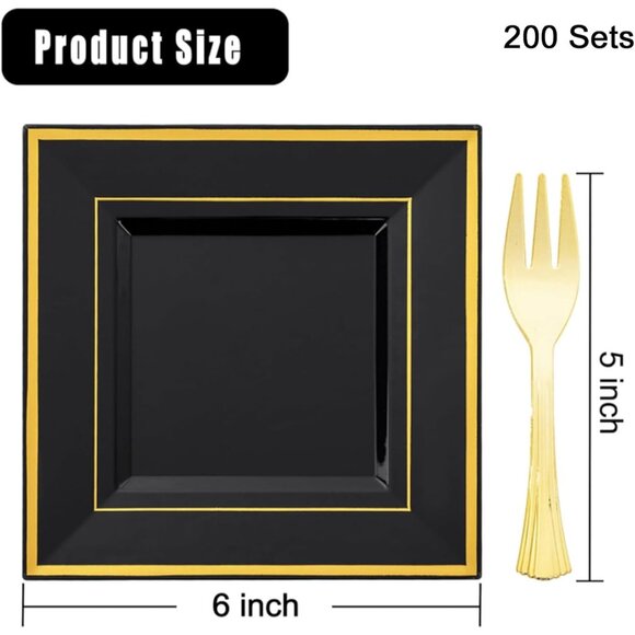 200PCS Black and Gold Plastic Dessert Plates with Plastic Forks -6’’ 100 Square - Picture 3 of 7